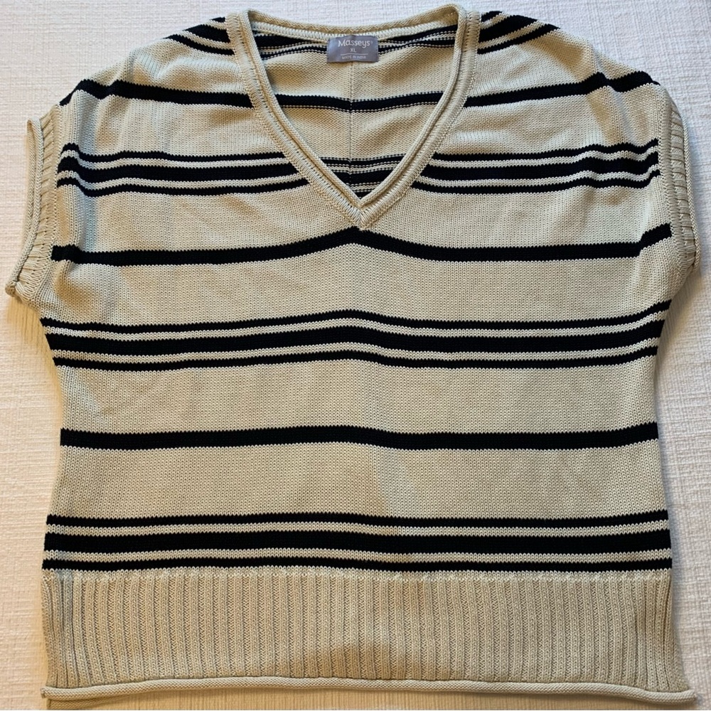 Striped V-Neck Sleeveless Sweater - Black and Cream